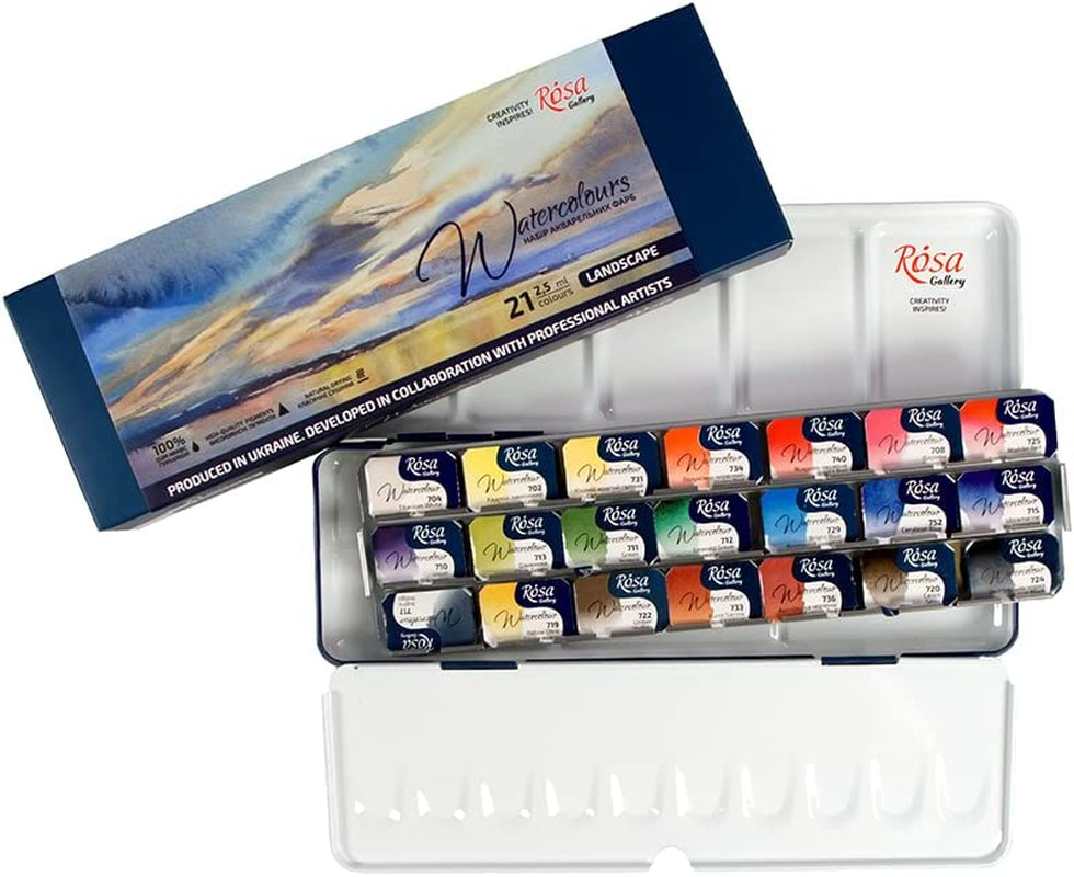Landscape Professional Watercolor Paint Set, 21 Water Colors of 2.5 Ml, High Lightfastness Paints Kit for Artists, Adult, Lightweight and Portable Metal Case
