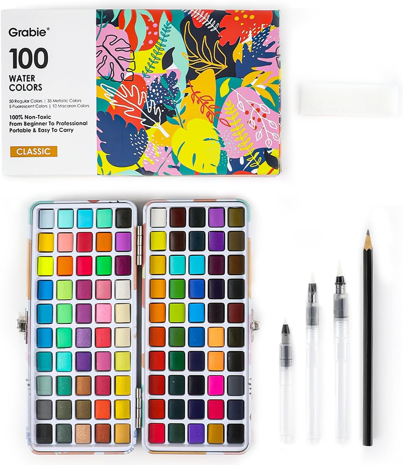 Watercolor Paint Set, 100 Colors Painting with Water Brush Pens and Drawing Pencil, Great for Kids and Adults, Art Supplies, Perfect Starter Kit for Painting